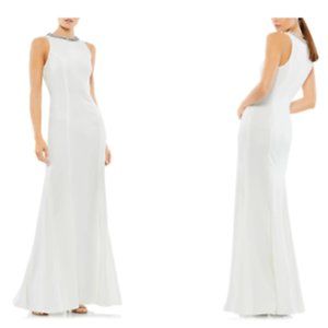 MAC DUGGAL CRYSTAL NECK COLLAR WHITE TRUMPET GOWN sz 10